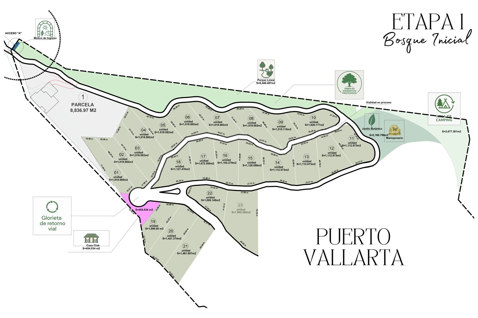Masterplan Urbanización Vista Silvestre — trazo con etapas y amenidades